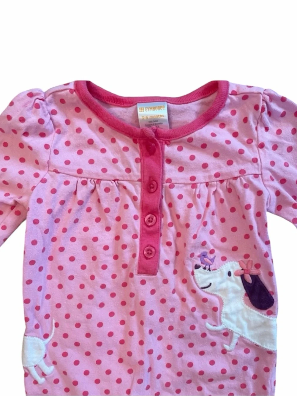 Gymboree Baby Girl Pink Polka Dot Dachshund Long Sleeved Onesie 3-6 months